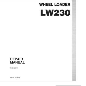 Puede incluir: Manual de reparaci&oacute;n blanco para una cargadora de ruedas New Holland LW230. La portada presenta el logotipo de New Holland, el texto &laquo;WHEEL LOADER LW230&raquo; y &laquo;REPAIR MANUAL&raquo;. El manual se public&oacute; en octubre de 2003.