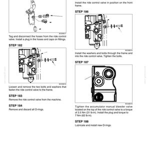 May include: Diagram of a ride control valve installation process, with multiple steps and illustrations. Includes instructions for disconnecting hoses, installing the valve, and tightening bolts. Text includes steps 181-188.