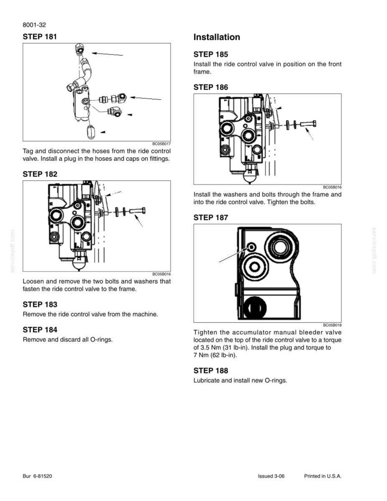 May include: Diagram of a ride control valve installation process, with multiple steps and illustrations. Includes instructions for disconnecting hoses, installing the valve, and tightening bolts. Text includes steps 181-188.