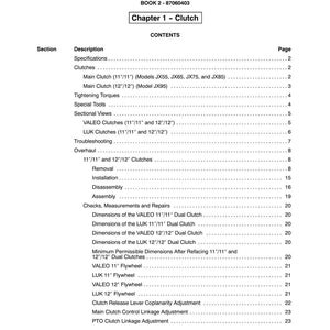 May include: A manual page titled "SECTION 18 - CLUTCH" with a table of contents. The table lists topics including "Main Clutch," "Tightening Torques," and "Flywheel." The document is labelled "BOOK 2 - 87060403" and "Chapter 1 - Clutch."