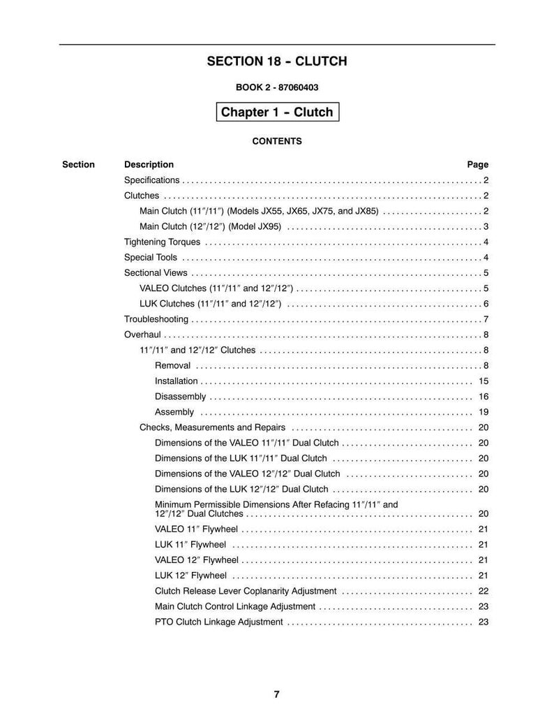 May include: A manual page titled "SECTION 18 - CLUTCH" with a table of contents. The table lists topics including "Main Clutch," "Tightening Torques," and "Flywheel." The document is labelled "BOOK 2 - 87060403" and "Chapter 1 - Clutch."