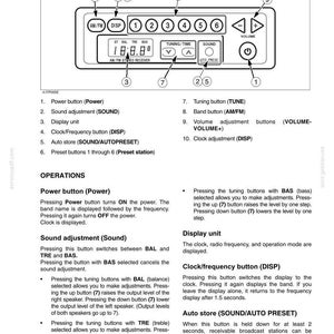 May include: Diagram of a car radio control panel with buttons for power, sound, display, clock, and preset stations. The radio has an AM/FM stereo receiver and volume controls. The text includes operational instructions.