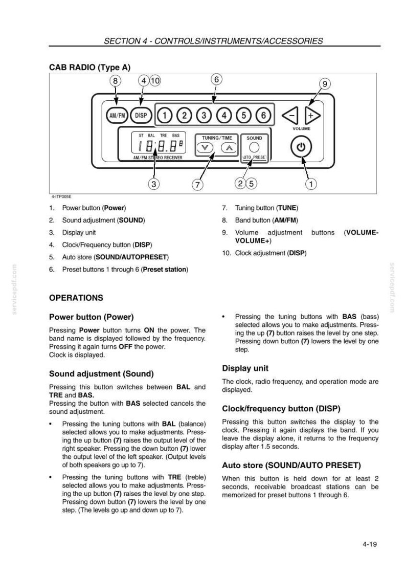 May include: Diagram of a car radio control panel with buttons for power, sound, display, clock, and preset stations. The radio has an AM/FM stereo receiver and volume controls. The text includes operational instructions.