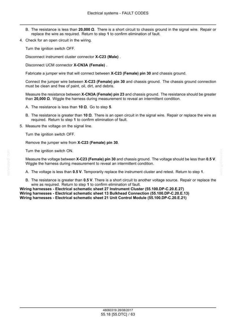 May include: A page from an electrical systems manual with fault codes. The text details troubleshooting steps, including checking resistance, voltage, and wiring harnesses. The document includes diagrams and specific connector references.