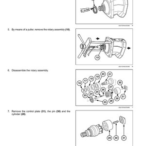 May include: Diagram of a hydraulic travel system with numbered components. Includes a seal ring, rotary assembly, control plate, pin, and cylinder. The image shows disassembly steps with tools and labeled parts for maintenance.