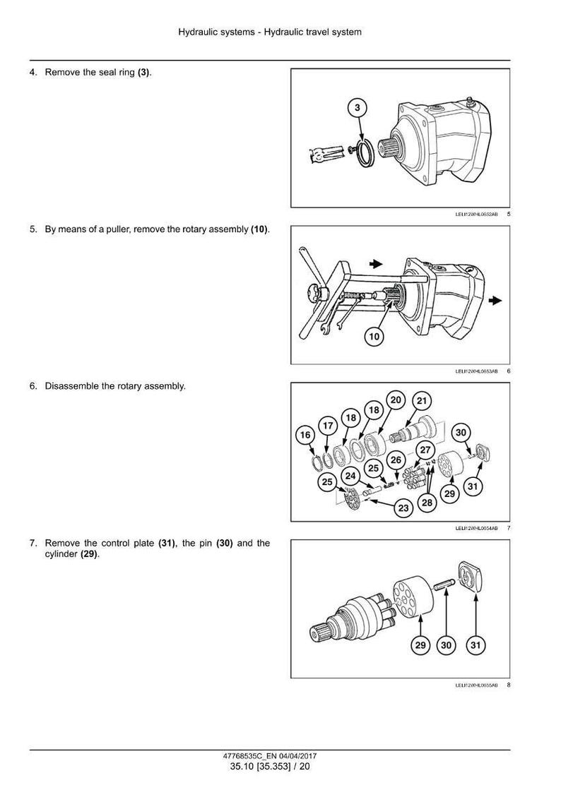 May include: Diagram of a hydraulic travel system with numbered components. Includes a seal ring, rotary assembly, control plate, pin, and cylinder. The image shows disassembly steps with tools and labeled parts for maintenance.