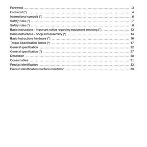 May include: A page from a manual with the title "Contents" and "INTRODUCTION" at the top. The page lists various topics such as "Foreword", "Safety rules", and "Dimension", with corresponding page numbers. The bottom of the page includes a note and a date.