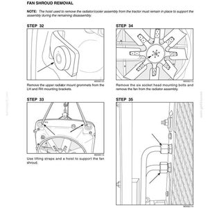 May include: Diagram illustrating the radiator/cooler disassembly process. Includes steps for removing grommets, bolts, and tubelines. Text reads "FAN SHROUD REMOVAL" and "RADIATOR/COOLER DISASSEMBLY".