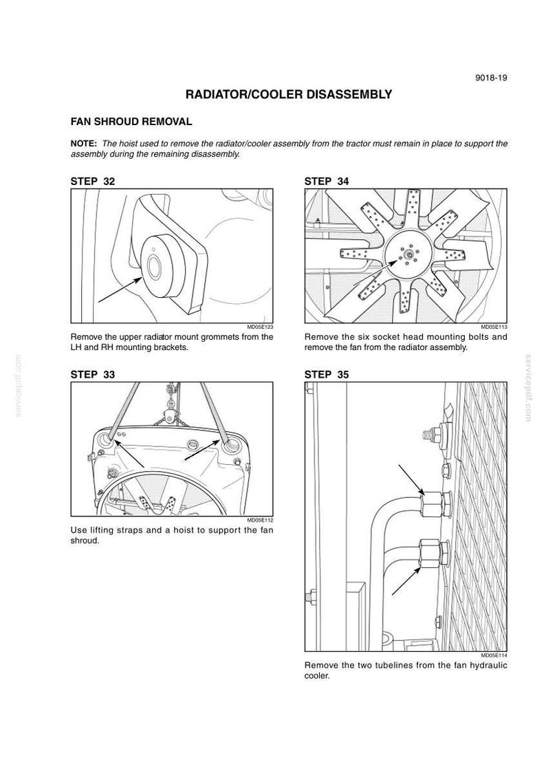 May include: Diagram illustrating the radiator/cooler disassembly process. Includes steps for removing grommets, bolts, and tubelines. Text reads "FAN SHROUD REMOVAL" and "RADIATOR/COOLER DISASSEMBLY".