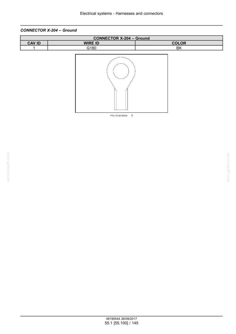May include: Diagram of an electrical connector, labeled "CONNECTOR X-204 - Ground." The image includes a schematic of the connector, a ring terminal with a tab, and a table with details like "WIRE ID G180" and "COLOR BK."