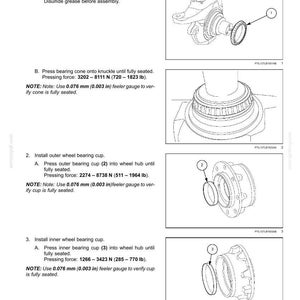 May include: Diagram of a front axle assembly process, detailing the installation of wheel bearing cones and cups. Includes measurements in pounds and inches, and diagrams of the parts. Text includes instructions and pressing force specifications.