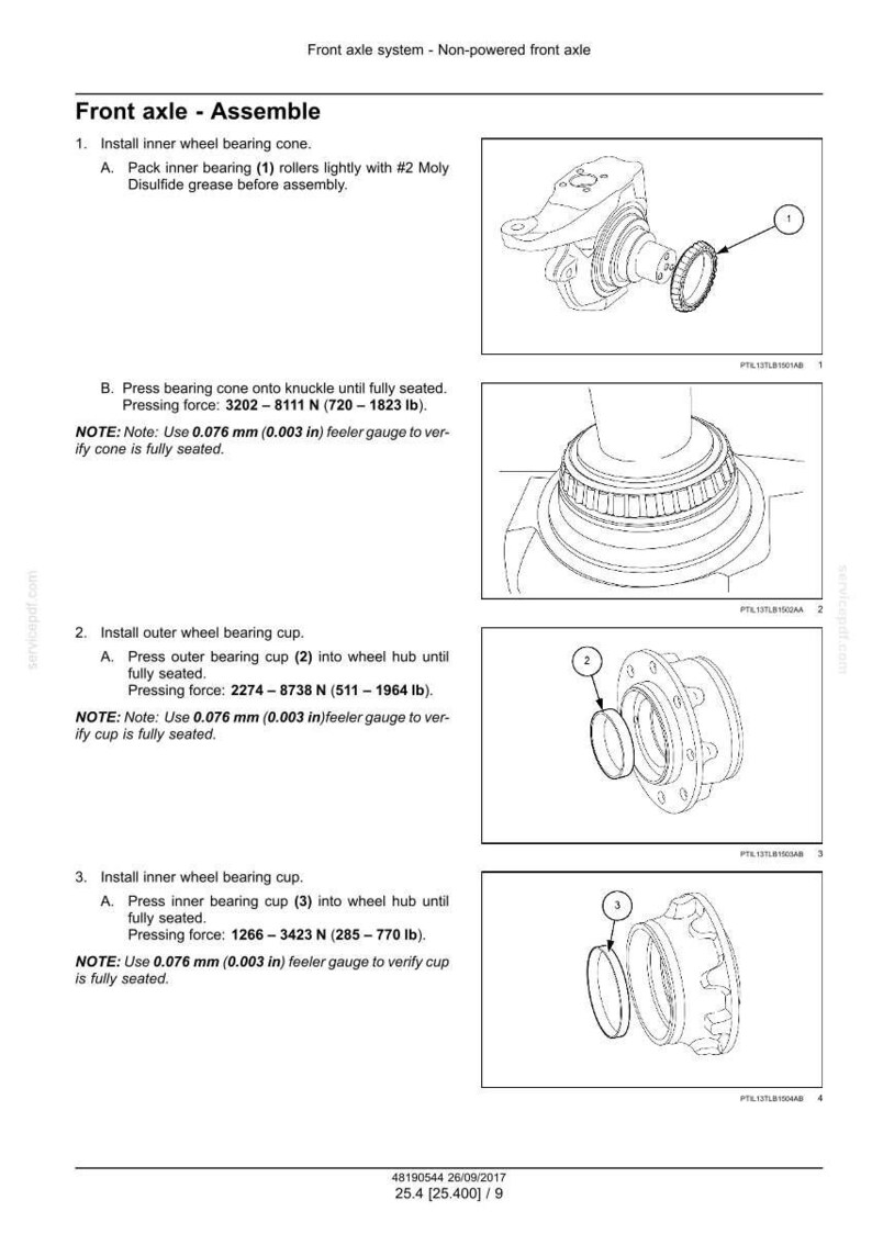 May include: Diagram of a front axle assembly process, detailing the installation of wheel bearing cones and cups. Includes measurements in pounds and inches, and diagrams of the parts. Text includes instructions and pressing force specifications.