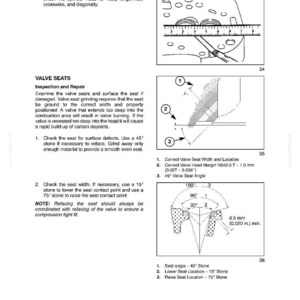 K&ouml;nnte beinhalten: Seite aus einem Handbuch, das die Inspektion und Reparatur von Motorventilsitzen detailliert. Diagramme zeigen Ventilsitzwinkel, Messungen in mm und die Verwendung von Werkzeugen wie einem Lineal und einer F&uuml;hlerlehre.