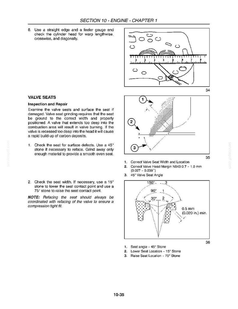 K&ouml;nnte beinhalten: Seite aus einem Handbuch, das die Inspektion und Reparatur von Motorventilsitzen detailliert. Diagramme zeigen Ventilsitzwinkel, Messungen in mm und die Verwendung von Werkzeugen wie einem Lineal und einer F&uuml;hlerlehre.