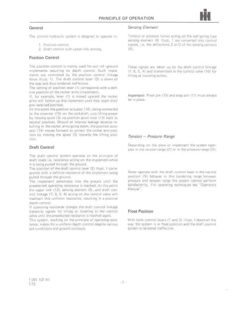Puede incluir: Documento t&eacute;cnico titulado "PRINCIPIO DE FUNCIONAMIENTO" que detalla un sistema de control hidr&aacute;ulico. Describe el control de posici&oacute;n y tiro, junto con los elementos de detecci&oacute;n. Incluye diagramas y terminolog&iacute;a t&eacute;cnica.