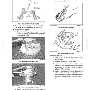 May include: A technical diagram from a manual detailing the disassembly and assembly of a travel system. The image includes illustrations of parts like the oil seal, spindle, hub, and cover, with instructions for cleaning and reassembly. Text includes figure numbers and part descriptions.