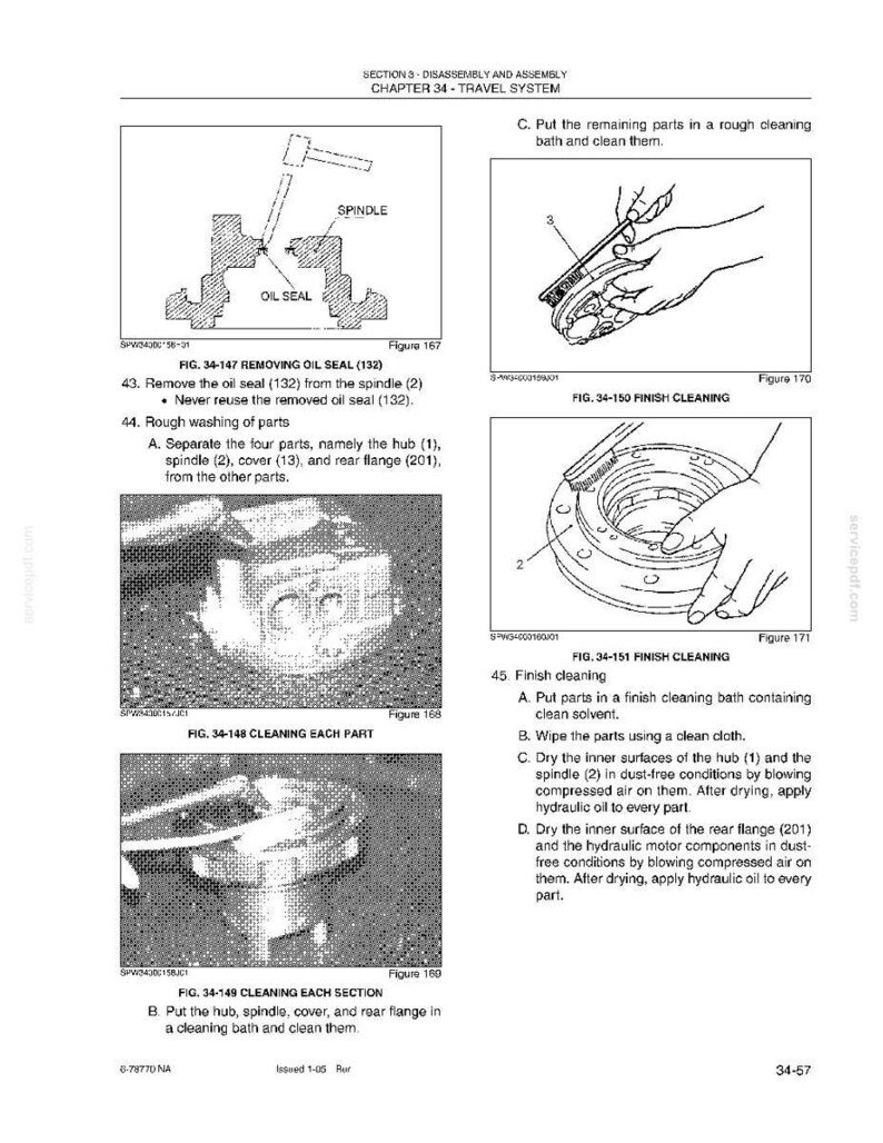 May include: A technical diagram from a manual detailing the disassembly and assembly of a travel system. The image includes illustrations of parts like the oil seal, spindle, hub, and cover, with instructions for cleaning and reassembly. Text includes figure numbers and part descriptions.