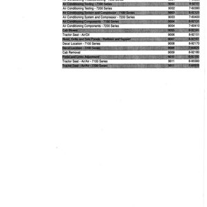 Puede incluir: Documento impreso con una tabla de contenidos, incluyendo "Air Conditioning Troubleshooting" y "Tractor Seat - Air/Oil". El documento se titula "Description", con n&uacute;meros de secci&oacute;n y formulario. El texto es negro sobre fondo blanco.