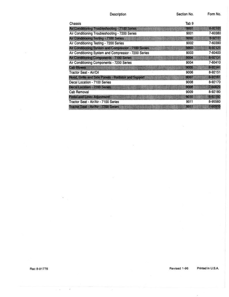 Puede incluir: Documento impreso con una tabla de contenidos, incluyendo "Air Conditioning Troubleshooting" y "Tractor Seat - Air/Oil". El documento se titula "Description", con n&uacute;meros de secci&oacute;n y formulario. El texto es negro sobre fondo blanco.