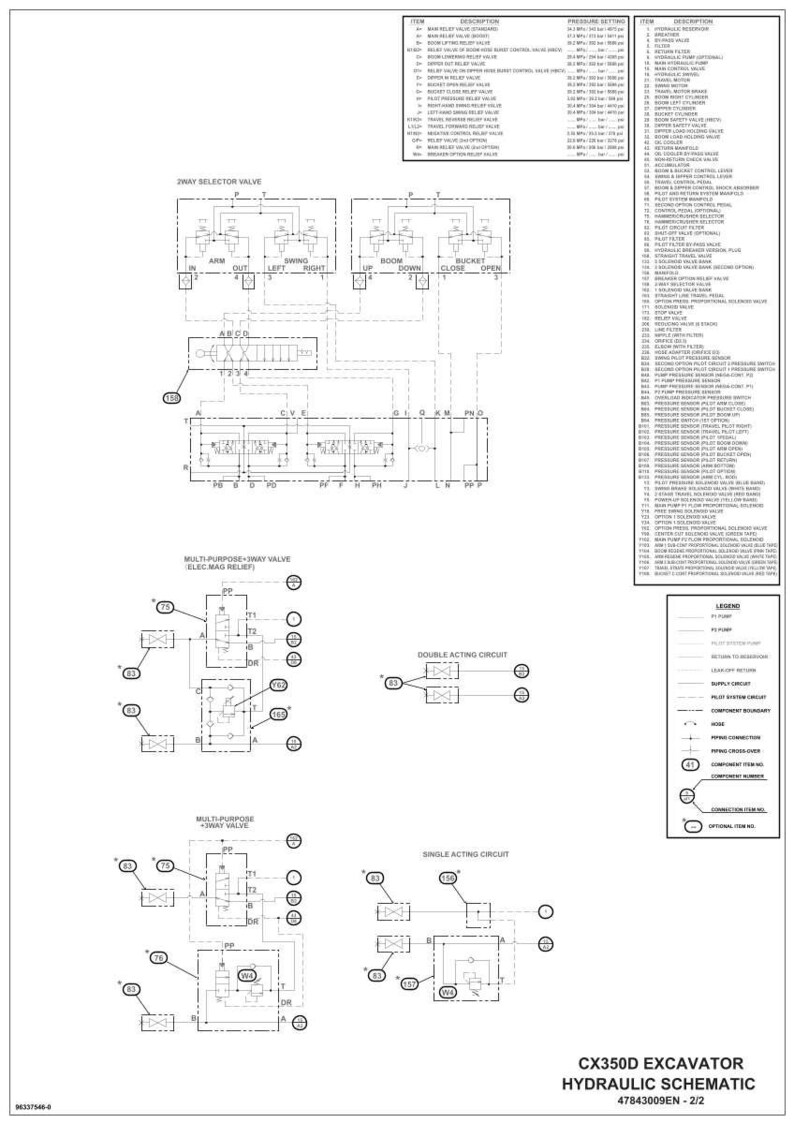 May include: A detailed hydraulic schematic for a CX350D excavator, featuring diagrams of valves, circuits, and component connections. The diagram includes labels, item numbers, and a legend for easy reference. The document is labeled 47843009EN-2/2.