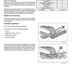 May include: Page from an operating manual with the title "Caution while using rubber crawlers." Includes diagrams of rubber tracks and a table comparing features like vibration and noise levels. Text details proper usage and forbidden operations.