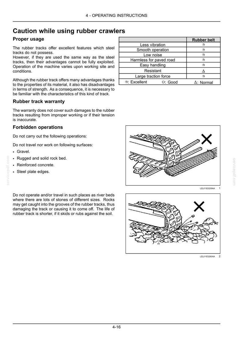 May include: Page from an operating manual with the title "Caution while using rubber crawlers." Includes diagrams of rubber tracks and a table comparing features like vibration and noise levels. Text details proper usage and forbidden operations.