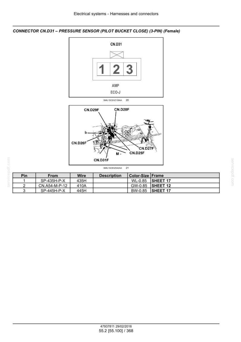 May include: Diagram of an electrical connector, CN.D31, with a pressure sensor. The image includes a schematic with numbered pins, wire details, and a table with pin, wire, and color-size information. Text includes "Electrical systems - Harnesses and connectors."