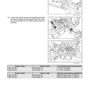 May include: Diagram of an engine's fuel injection system, with detailed illustrations and text instructions. Includes a table with engine and tractor models, and dial indicator measurements of 0.046 inches.