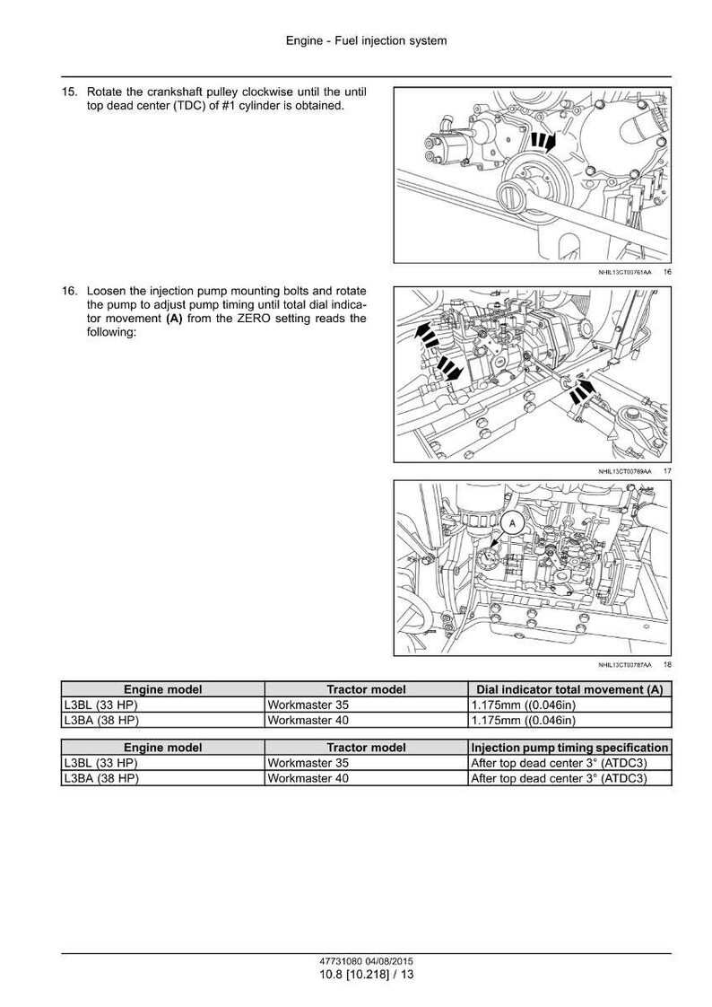 May include: Diagram of an engine's fuel injection system, with detailed illustrations and text instructions. Includes a table with engine and tractor models, and dial indicator measurements of 0.046 inches.