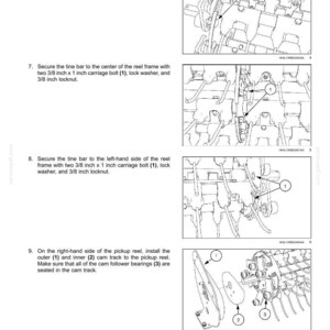 May include: Diagram of a wide pickup with rotor cutter/feeder, showing assembly instructions. Includes close-up illustrations of securing tine bars, carriage bolts, lock washers, and locknuts. Also shows the installation of cam tracks and cam follower bearings.
