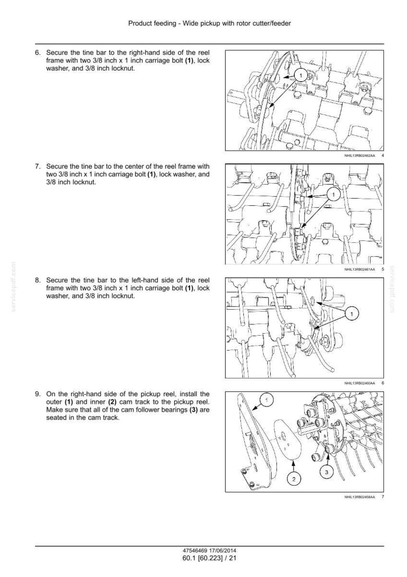 May include: Diagram of a wide pickup with rotor cutter/feeder, showing assembly instructions. Includes close-up illustrations of securing tine bars, carriage bolts, lock washers, and locknuts. Also shows the installation of cam tracks and cam follower bearings.