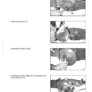 May include: Page from a manual showing steps for front axle assembly. Includes images of installing an elastic ring, brake disc, and brake caliper. Text includes "SECTION 25 - FRONT AXLES" and numbered steps with labels.