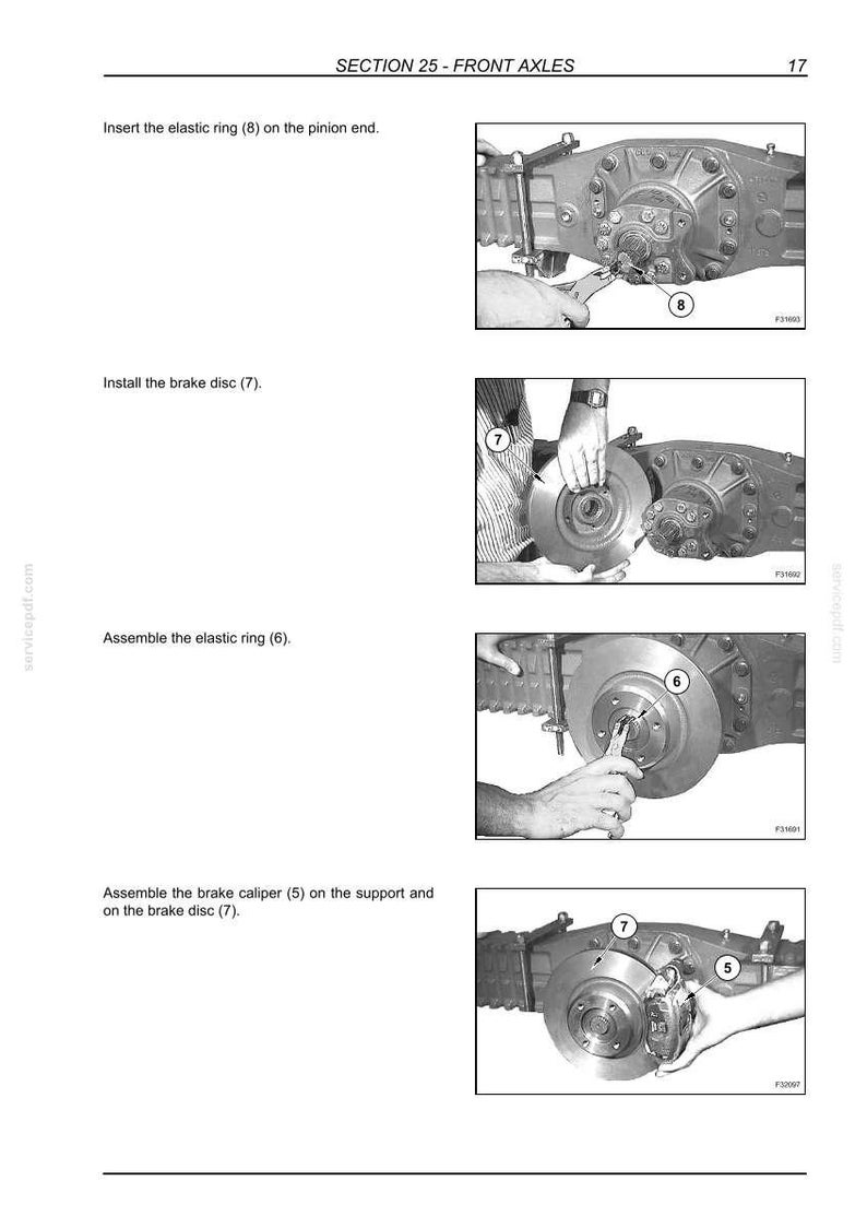 May include: Page from a manual showing steps for front axle assembly. Includes images of installing an elastic ring, brake disc, and brake caliper. Text includes "SECTION 25 - FRONT AXLES" and numbered steps with labels.