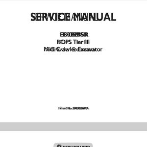 Pu&ograve; includere: Una copertina di manuale di servizio bianca con testo nero che recita SERVICE MANUAL, E80BSR, ROPS Tier III, Midi Crawler Excavator e Print No. 84366509A. In basso &egrave; presente un logo New Holland Construction in bianco e nero con un'icona a foglia.