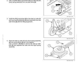 May include: Diagram illustrating the removal of track tension units. The image shows numbered components including a take-up roller, recoil spring assembly, and lifting equipment. Instructions include using a crowbar and a wrench (24 mm).