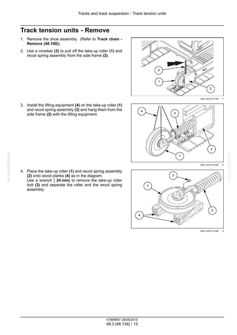 May include: Diagram illustrating the removal of track tension units. The image shows numbered components including a take-up roller, recoil spring assembly, and lifting equipment. Instructions include using a crowbar and a wrench (24 mm).
