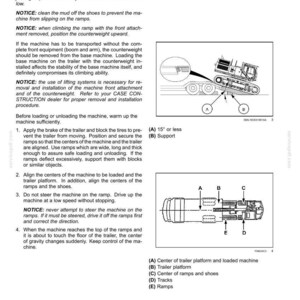 May include: Diagram illustrating transport operations for a machine on a rear loading trailer. Includes labeled diagrams of the machine, trailer platform, ramps, and tracks. Text provides instructions and safety notices for loading and unloading.