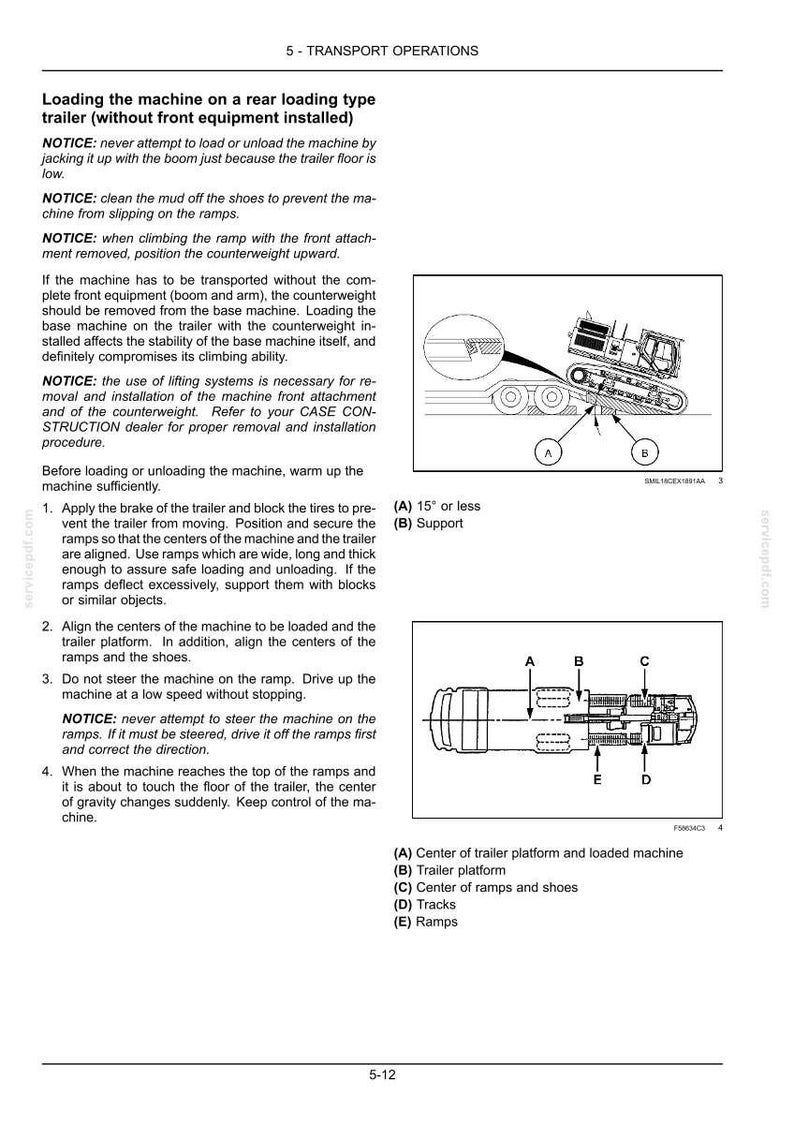 May include: Diagram illustrating transport operations for a machine on a rear loading trailer. Includes labeled diagrams of the machine, trailer platform, ramps, and tracks. Text provides instructions and safety notices for loading and unloading.