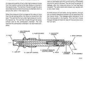 May include: Diagram of an injector with labeled parts, including the high-pressure channel, injector body, valve, and spray orifices. The text describes the operating procedures of the injector, detailing fuel flow and valve function.