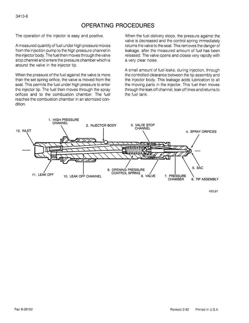 May include: Diagram of an injector with labeled parts, including the high-pressure channel, injector body, valve, and spray orifices. The text describes the operating procedures of the injector, detailing fuel flow and valve function.