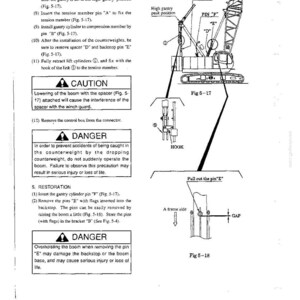 Peut inclure: Une page de manuel technique pr&eacute;sentant des dessins au trait en noir et blanc d'un assemblage de grue. Elle comprend des instructions pour le positionnement du portique, l'installation du contrepoids et des avertissements de s&eacute;curit&eacute;.