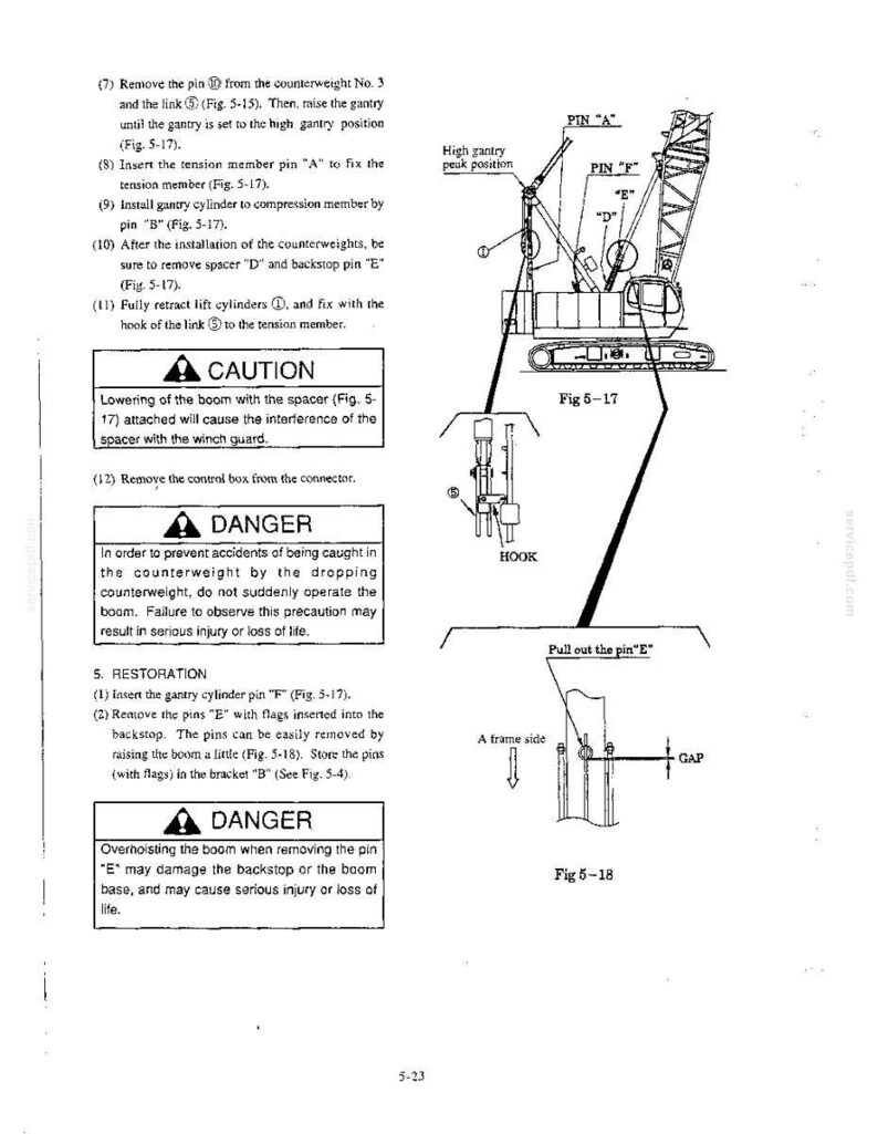 Peut inclure: Une page de manuel technique pr&eacute;sentant des dessins au trait en noir et blanc d'un assemblage de grue. Elle comprend des instructions pour le positionnement du portique, l'installation du contrepoids et des avertissements de s&eacute;curit&eacute;.
