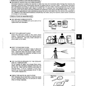 May include: A technical manual page titled CHAPTER 4 MAINTENANCE containing instructions for machine upkeep. It features black and white illustrations showing lubricant containers, a person handling barrels, cleaning with a hose, temperature warnings, and a magnifying glass inspecting debris.
