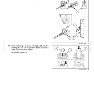 May include: Diagram of track suspension components, including rollers, bushings, and shafts. The image shows detailed illustrations with labels for calipers, gauges, and other tools used for measurement and replacement. Text instructions are also included.