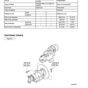 May include: Diagram of brake specifications and data, including disk outer diameter of 15.75 in, disk inner diameter of 7.72 in, and disk thickness of 1.0 in. The image also shows tightening torque values of 457 lb.ft and 310 lb.ft.
