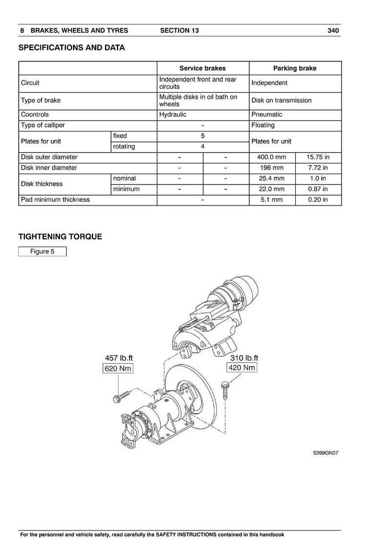 May include: Diagram of brake specifications and data, including disk outer diameter of 15.75 in, disk inner diameter of 7.72 in, and disk thickness of 1.0 in. The image also shows tightening torque values of 457 lb.ft and 310 lb.ft.