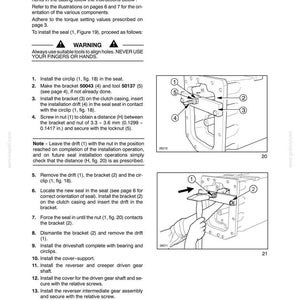 May include: A technical manual page titled SECTION 21 - FRONT TRANSMISSION - CHAPTER 2, page 13. It provides assembly instructions for a seal, including a warning, numbered steps, and two diagrams labeled 20 and 21 showing mechanical components.