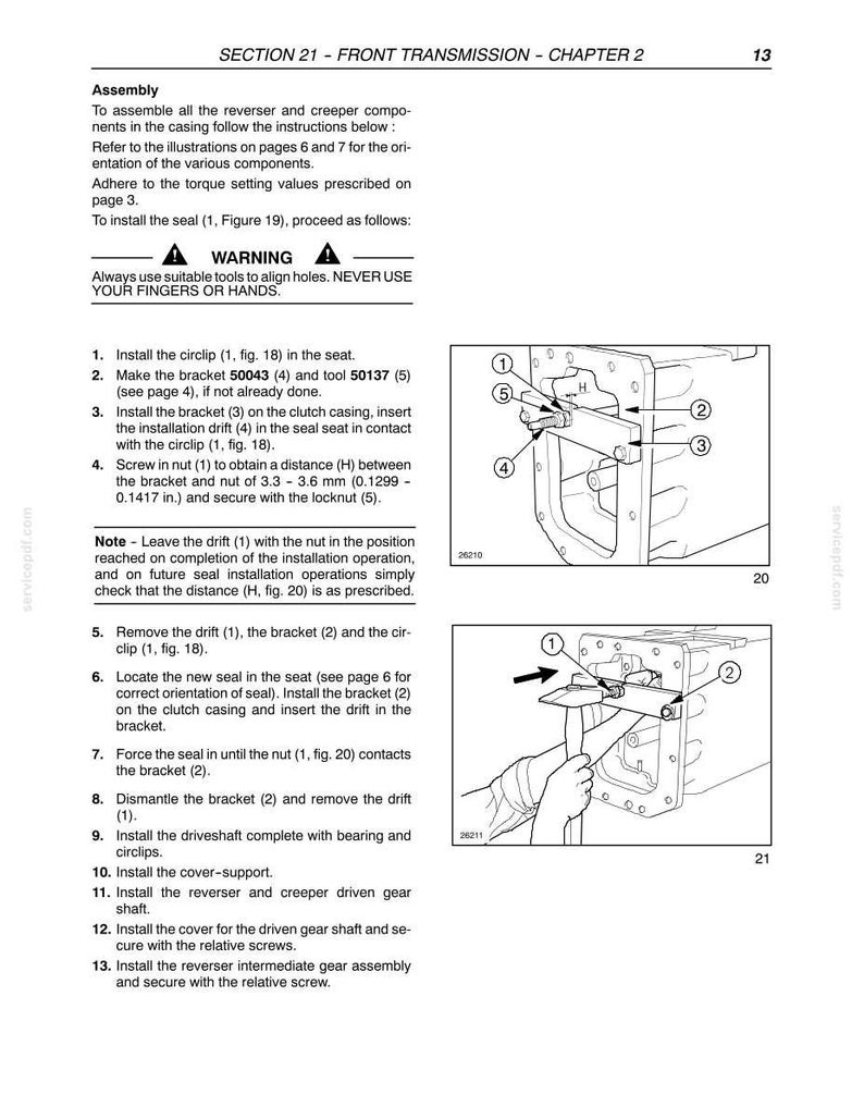May include: A technical manual page titled SECTION 21 - FRONT TRANSMISSION - CHAPTER 2, page 13. It provides assembly instructions for a seal, including a warning, numbered steps, and two diagrams labeled 20 and 21 showing mechanical components.