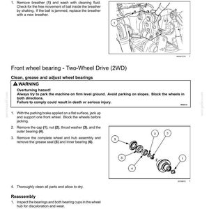 Puede incluir: Una p&aacute;gina de manual de mantenimiento t&eacute;cnico titulada 7 - MAINTENANCE, con instrucciones para el respiradero de la transmisi&oacute;n y el rodamiento de la rueda delantera de un veh&iacute;culo de tracci&oacute;n en dos ruedas, con dibujos numerados.