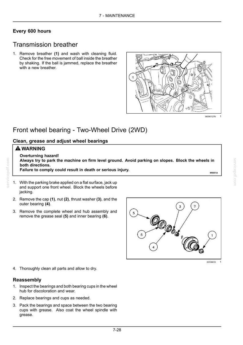 Puede incluir: Una p&aacute;gina de manual de mantenimiento t&eacute;cnico titulada 7 - MAINTENANCE, con instrucciones para el respiradero de la transmisi&oacute;n y el rodamiento de la rueda delantera de un veh&iacute;culo de tracci&oacute;n en dos ruedas, con dibujos numerados.